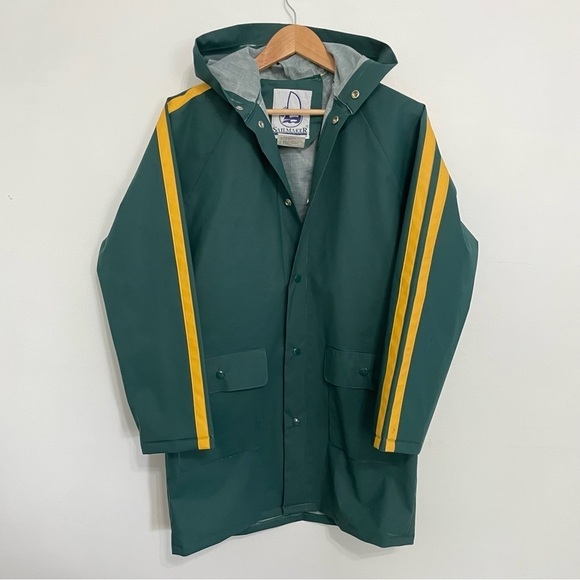 Striped Green Heavy Button Down Hooded Raincoat - Picture 3 of 5